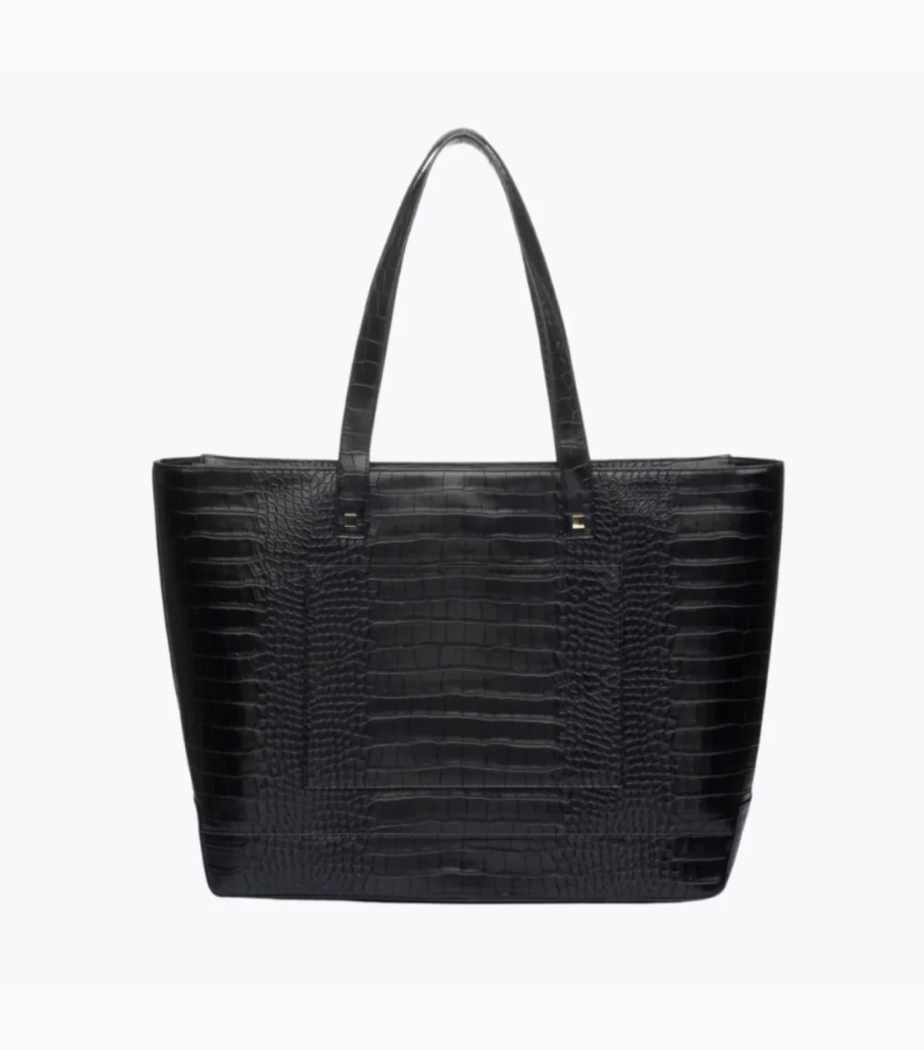 Back view of Modern Picnic black croc embossed vegan leather tote bag on white background