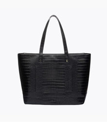 Back view of Modern Picnic black croc embossed vegan leather tote bag on white background
