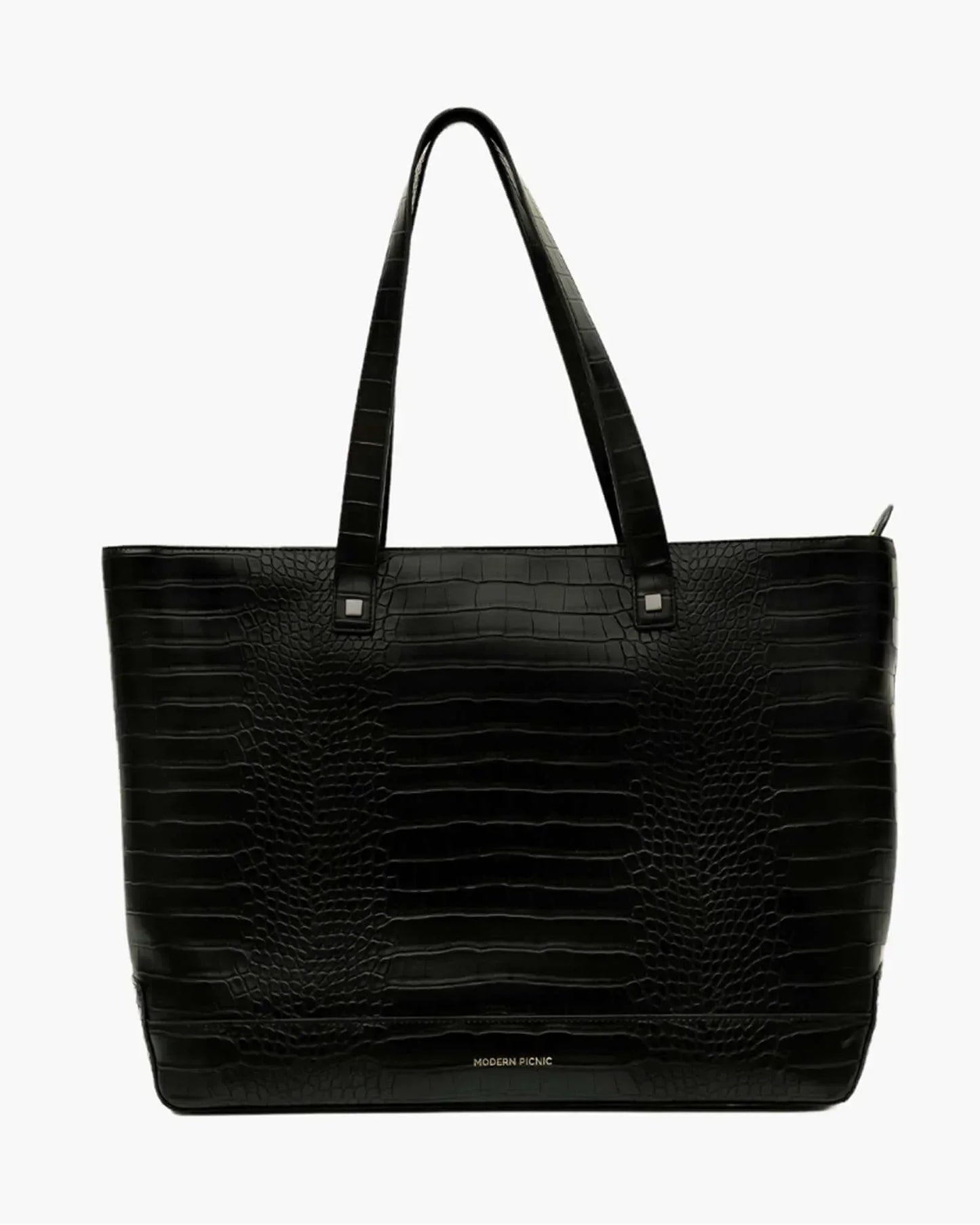 Modern Picnic black croc embossed vegan leather tote bag on white background