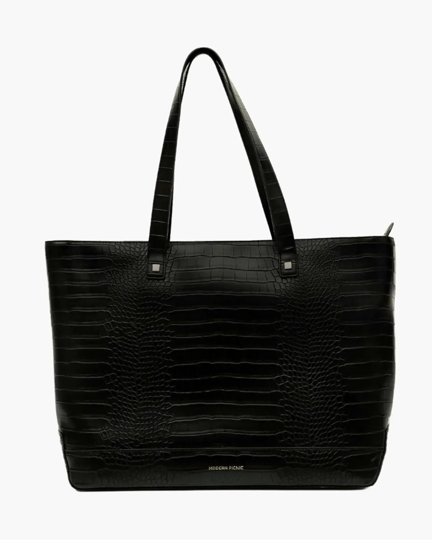 Modern Picnic black croc embossed vegan leather tote bag on white background