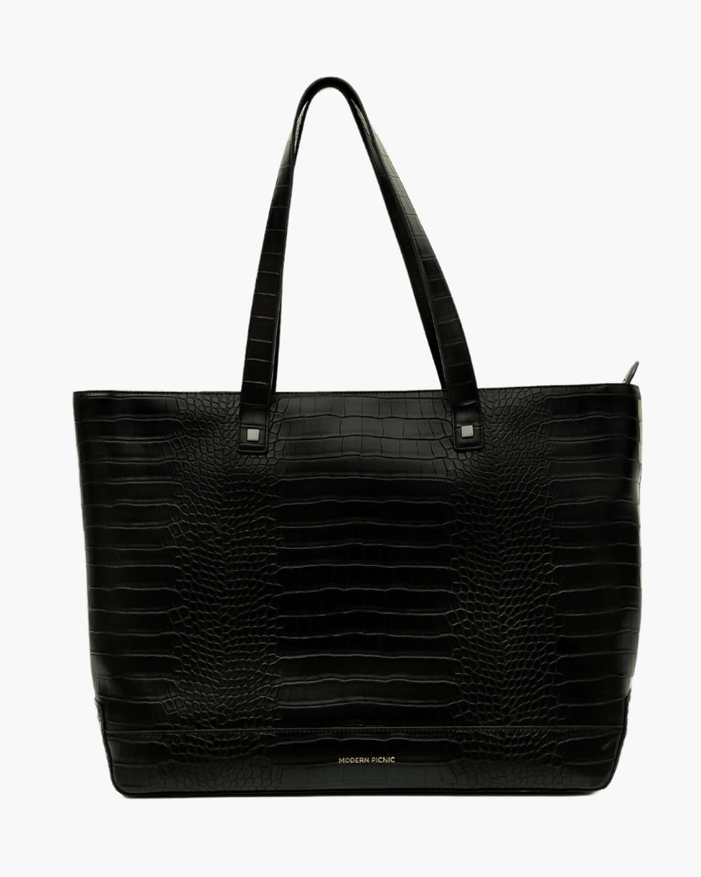 Modern Picnic black croc embossed vegan leather tote bag on white background