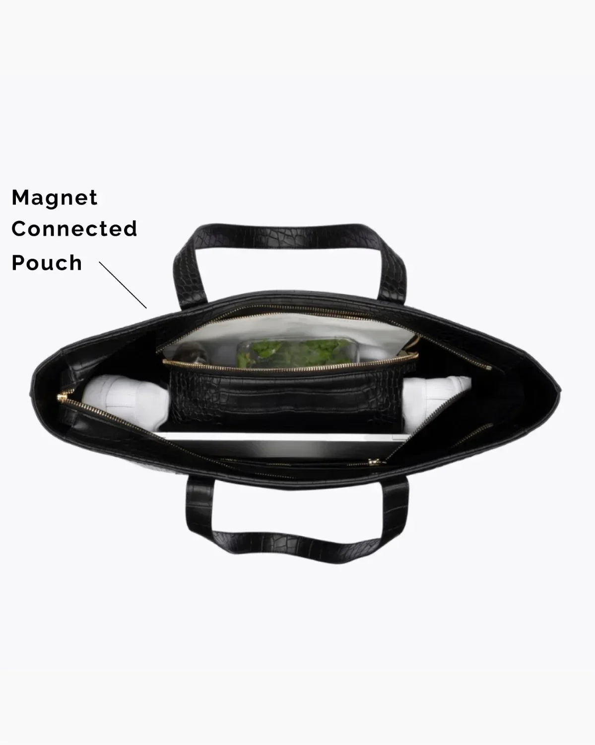 Top view of Modern Picnic black croc tote bag showing magnet-connected insulated pouch and organized interior