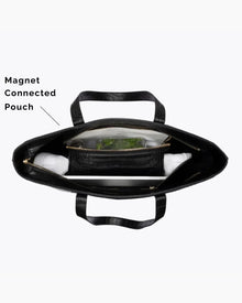 Top view of Modern Picnic black croc tote bag showing magnet-connected insulated pouch and organized interior