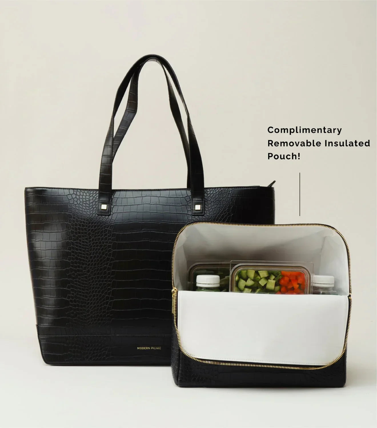 Modern Picnic black croc tote bag with removable insulated pouch filled with snacks and drinks