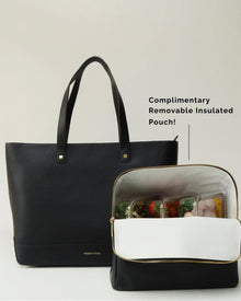 Modern Picnic black pebble tote bag shown with removable insulated pouch filled with snacks and drinks