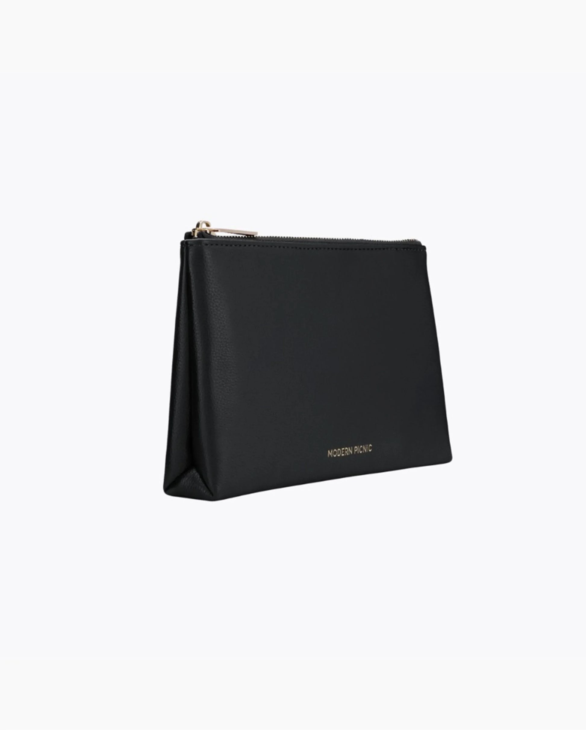 Black vegan leather insulated Snacker pouch by Modern Picnic, closed and standalone.	