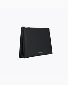 Black vegan leather insulated Snacker pouch by Modern Picnic, closed and standalone.	
