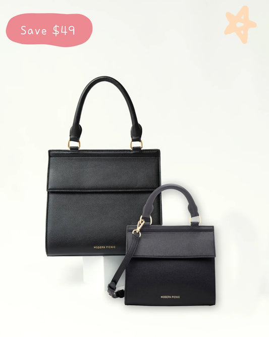 Modern Picnic Mommy and Me Set featuring matching black croc bags in large and mini sizes on a white background.