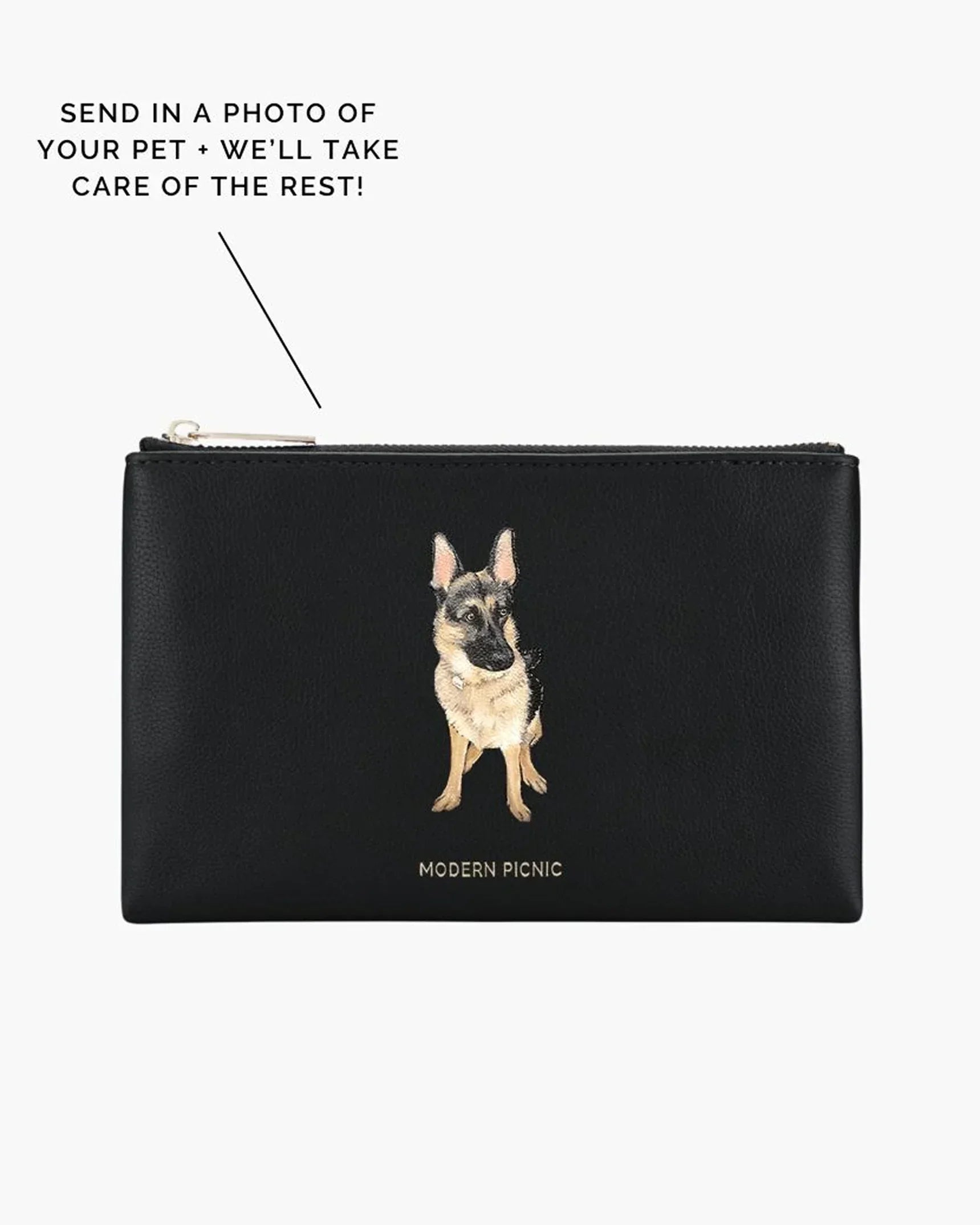 Custom hand-painted German Shepherd portrait on black vegan leather insulated Snacker pouch by Modern Picnic.	