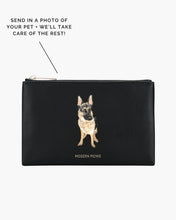 Custom hand-painted German Shepherd portrait on black vegan leather insulated Snacker pouch by Modern Picnic.	