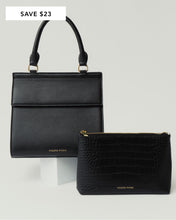Modern Picnic THE DAY TO NIGHT SET featuring a black structured handbag paired with a matching black croc-embossed pouch.