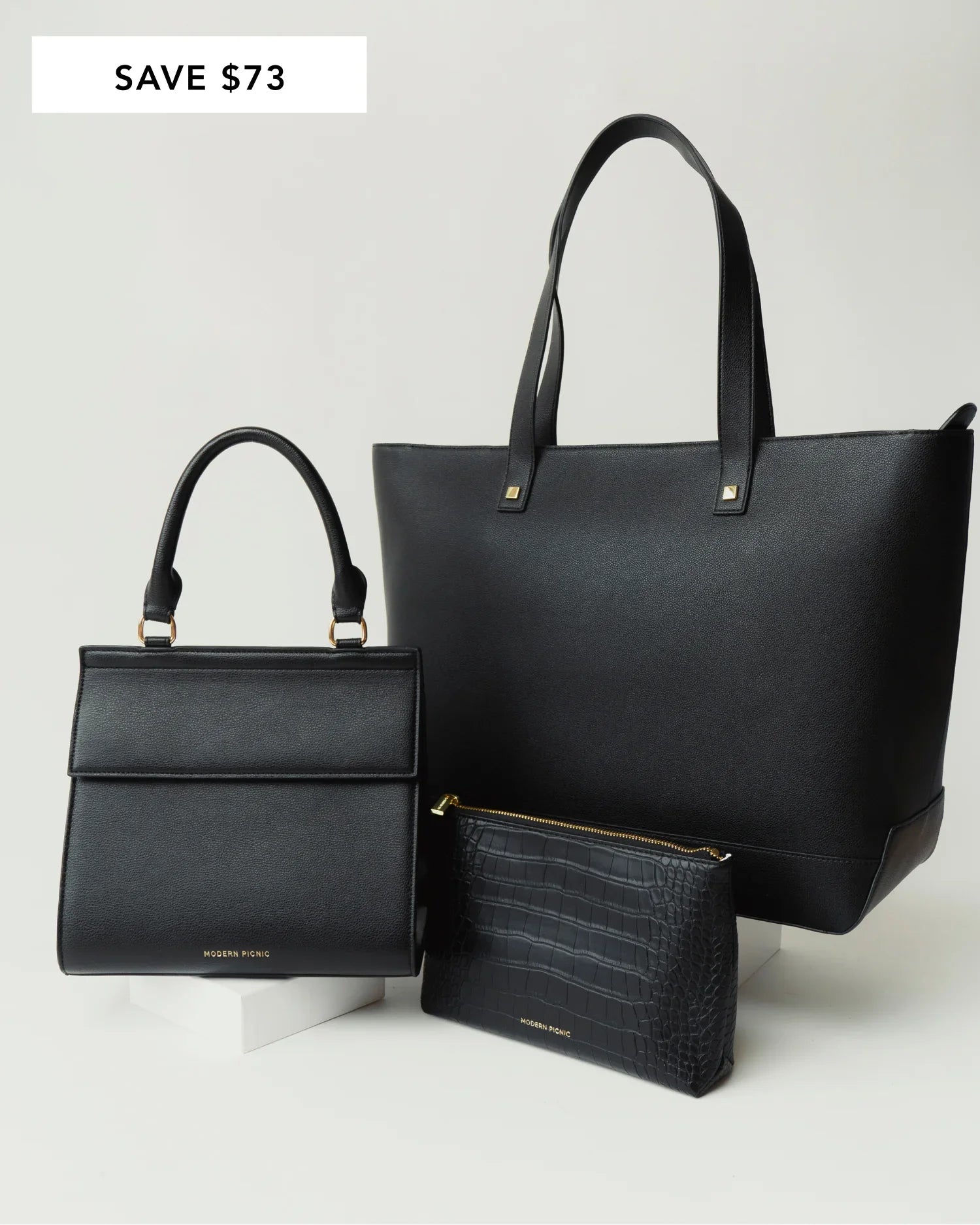 Modern Picnic THE ORIGINALS SET featuring a black tote, matching structured handbag, and croc-embossed pouch in vegan leather.