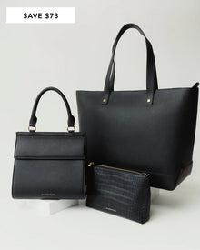 Modern Picnic THE ORIGINALS SET featuring a black tote, matching structured handbag, and croc-embossed pouch in vegan leather.