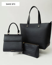 Modern Picnic THE ORIGINALS SET featuring a black tote, matching structured handbag, and croc-embossed pouch in vegan leather.