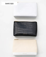 Modern Picnic THE SNACKER SET featuring three vegan leather pouches in white, black, and beige with gold zippers, shown stacked flat.
