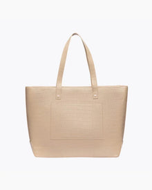 Back view of Modern Picnic tote in cream croc vegan leather showing gold hardware and sleek structure.