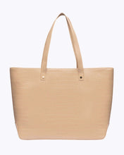 Modern Picnic tote in cream croc-embossed vegan leather with gold hardware on white background.