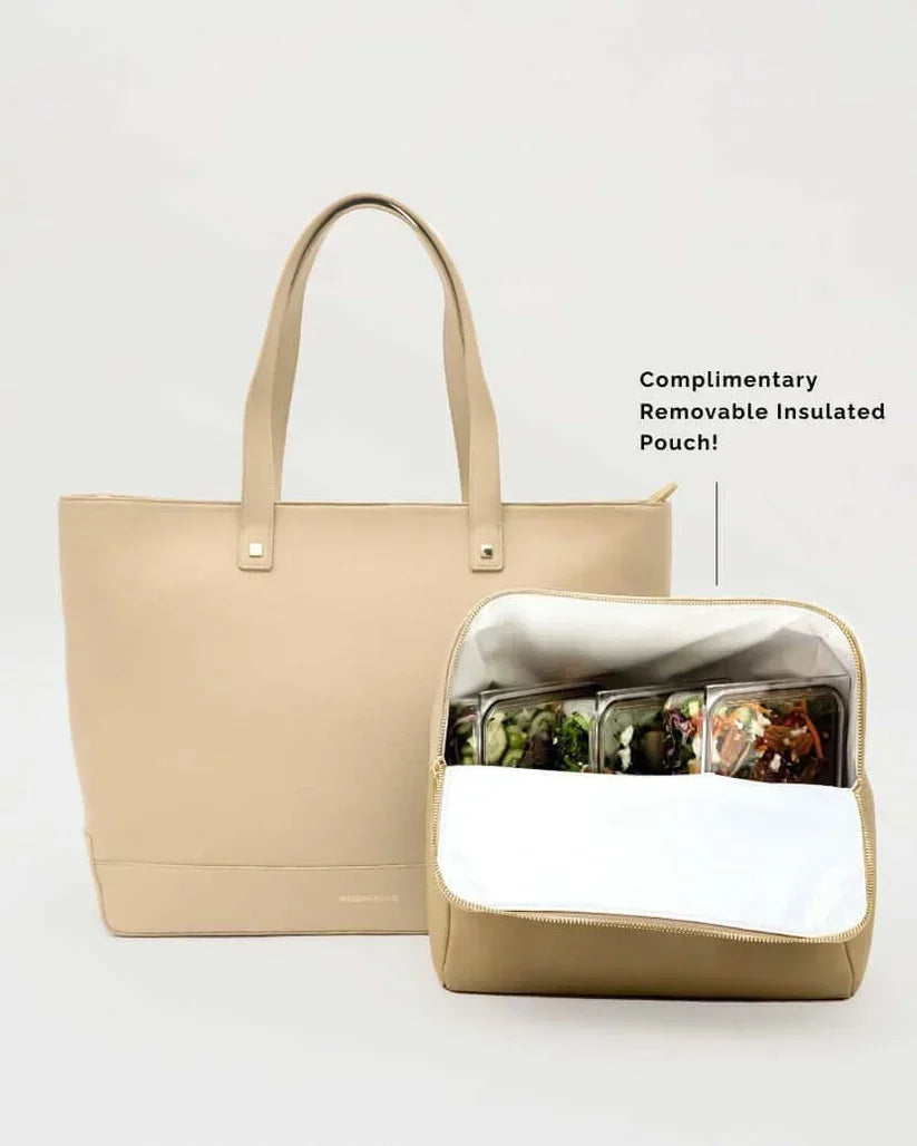 Beige vegan leather tote bag with a removable insulated lunch pouch containing food containers.