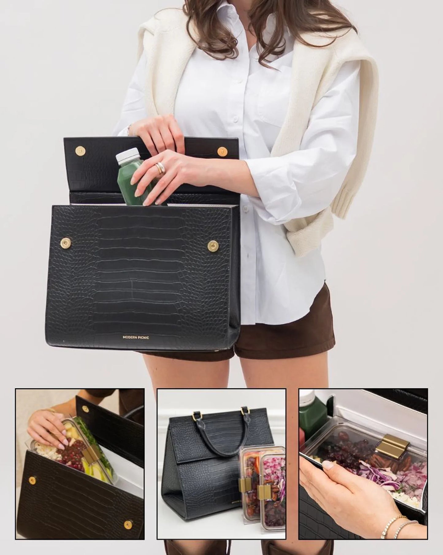 Stylish black insulated lunch bag with vegan leather, holding healthy meals and a green juice bottle.