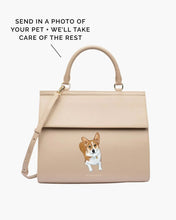 Cream pet portrait handbag with custom dog illustration on the front
