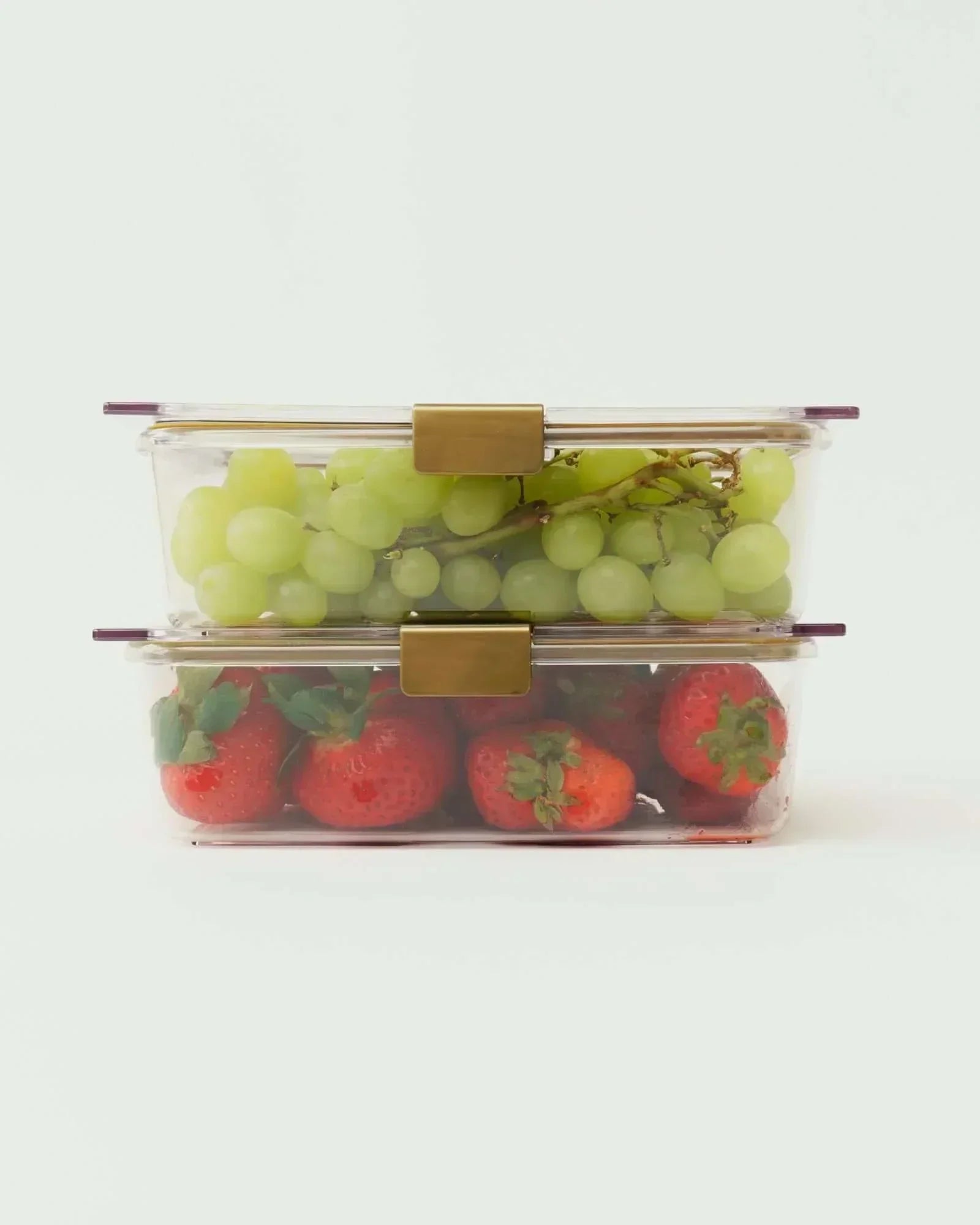 Two stackable reusable food containers filled with grapes and tomatoes