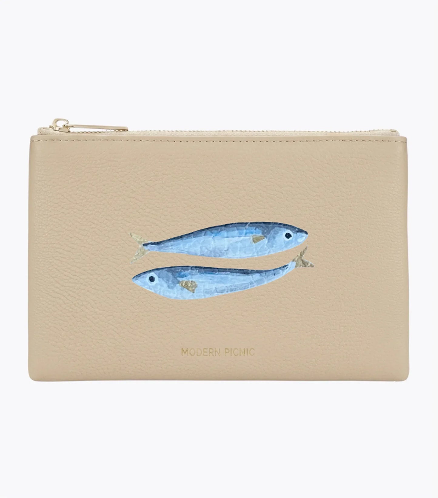 Beige vegan leather pouch with blue fish print, gold zipper, and Modern Picnic logo