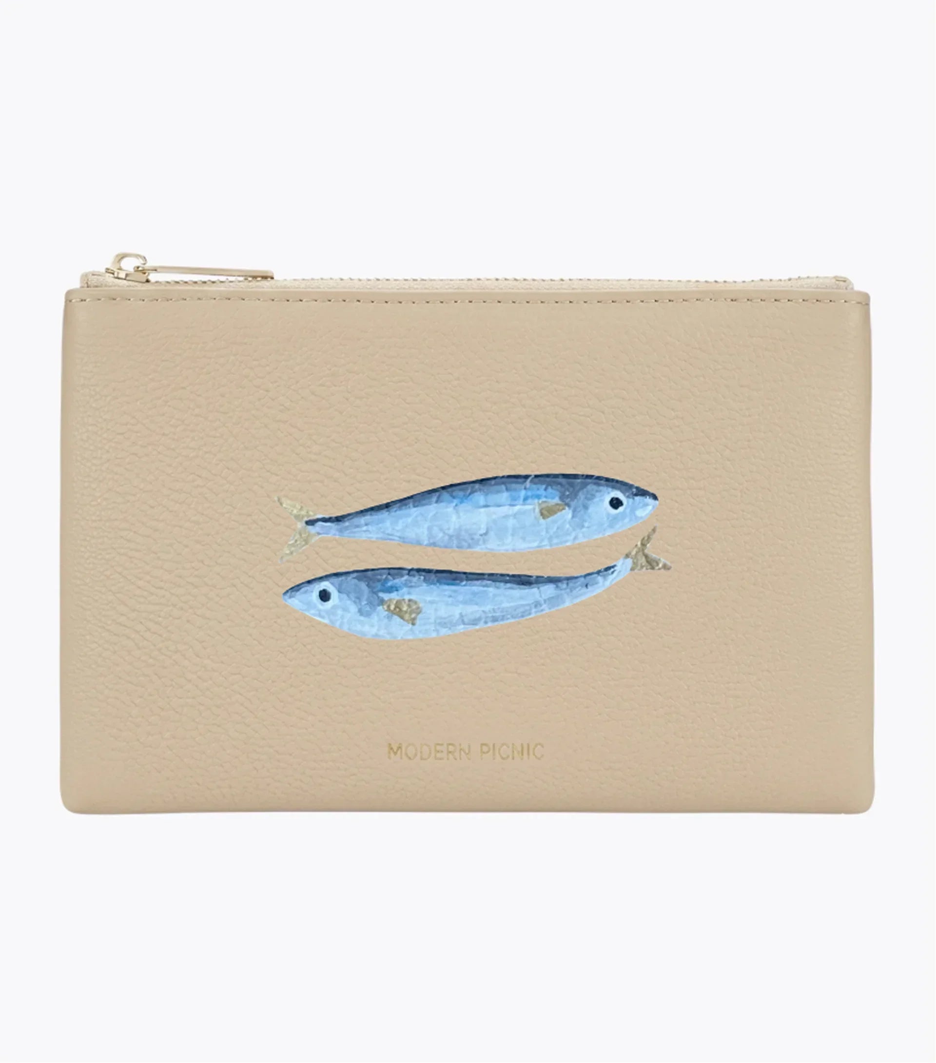 Beige vegan leather pouch with blue fish print, gold zipper, and Modern Picnic logo
