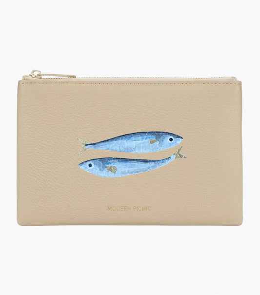 Beige vegan leather pouch with blue fish print, gold zipper, and Modern Picnic logo