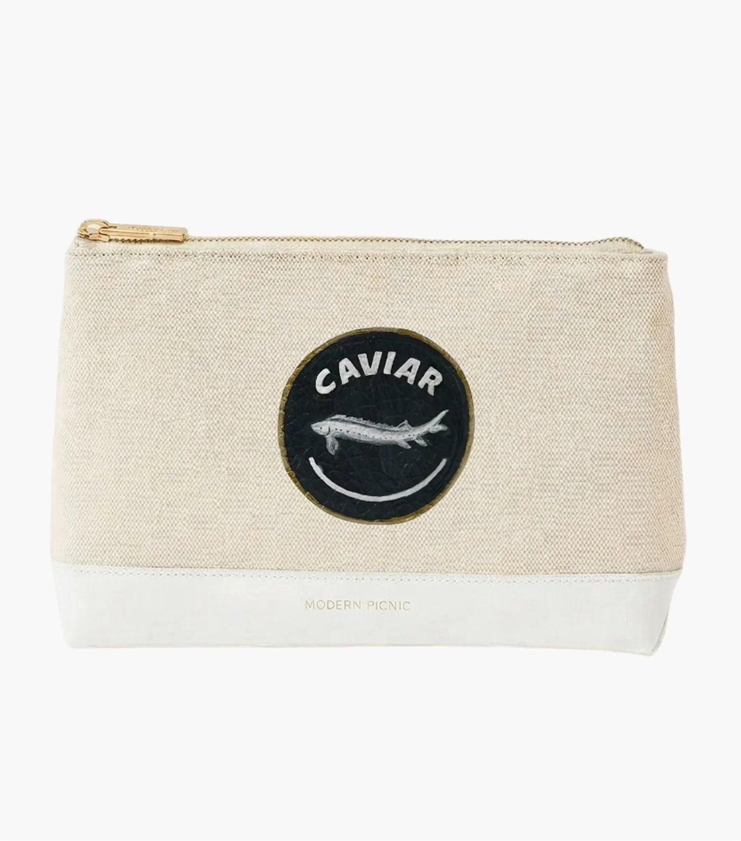 Beige canvas pouch with 'Caviar' fish patch, gold zipper, white vegan leather base — chic lunch accessory
