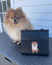 Black personalized lunch bag with Pomeranian pet portrait illustration